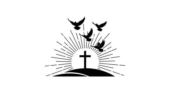 Black silhouette of cross with doves flying with cross hill sun rays spirituality inspiration motivation religion serenity calmness freedom with symbol