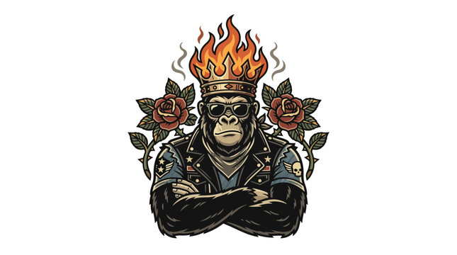 Gorilla Biker with Flaming Crown and Rose - Vintage Tattoo Style Vector