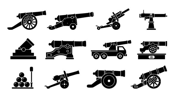 Minimal Historical Cannon Black Vector Icon Set
