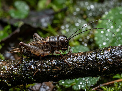 Field cricket on a wet twig. Macro shot of a brown insect in a natural forest environment.