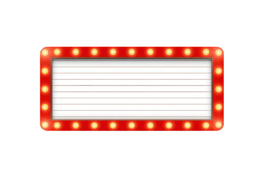 Retro cinema marquee light box featuring glowing bulbs, red frame, and blank white space for text with transparent background