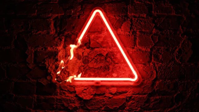 Broken neon warning triangle glowing red fire on dark rough brick wall with intense dramatic atmosphere and bright burning flame effects