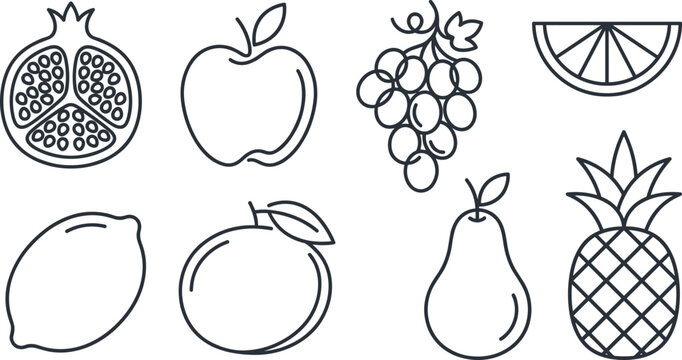 Minimalist fresh fruits line icon set with pomegranate apple grape orange slice lemon pear and pineapple isolated on white background for healthy food design