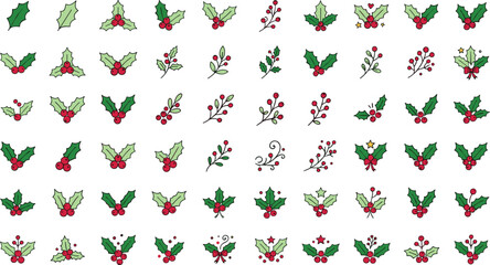 Christmas holly berry icons set with green leaves and red mistletoe branches for traditional winter holiday season decoration isolated on white background © MstAlif