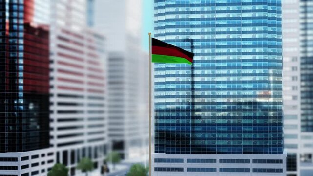 Malawi Flag 3D Render Animation Waving in Front of Modern Glass Buildings - Daytime