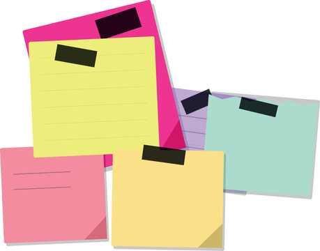 Colorful sticky note papers with black tape strips for reminders on a flat surface for office work