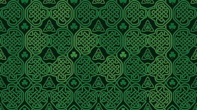 Seamless green celtic knot pattern with shamrock symbols