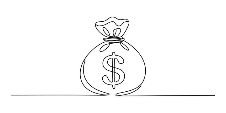 Continuous single line drawing of a money bag with a dollar sign