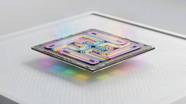 Luxury optical chip with rainbow waveguides and reflections &ndash; Suitable for optical computing, high speed tech, or hardware.