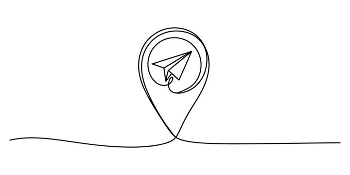 Continuous one line drawing of a paper plane inside a map location pin