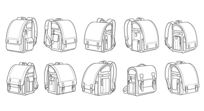 Minimalist Line Art Set of School Backpacks and Satchels Technical Drawing