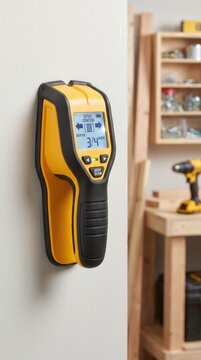 Digital stud finder on a workbench for accurate wall scanning before drilling, home renovation, DIY installation, construction planning.