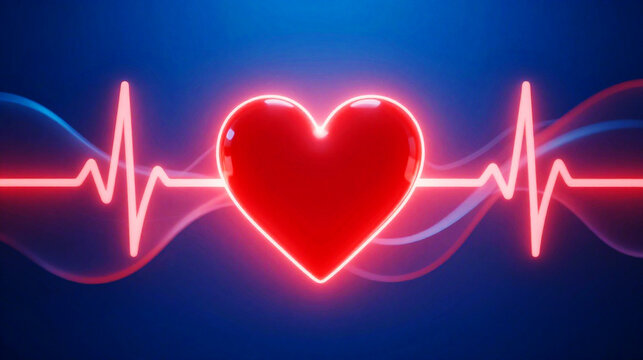 Bright red heart shape with glowing medical pulse line on blue background