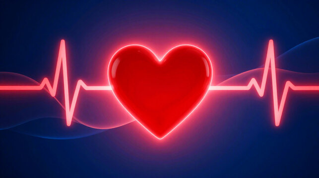 Red heart shape with a glowing neon medical heartbeat pulse line