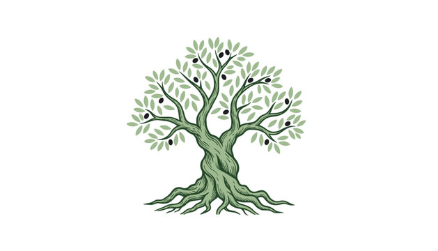 Intricate illustration of an olive tree featuring a twisted trunk, green foliage, and tiny black olives on a white background.