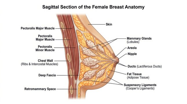 Sagittal section diagram of human female breast anatomy