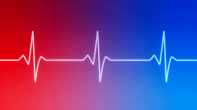 Bright glowing heart beat line on a red and blue gradient background