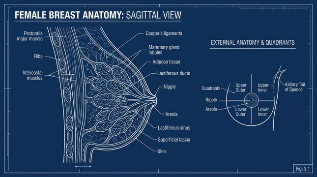 Educational diagram of female breast anatomy sagittal view