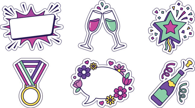 Colorful Celebration Sticker Vector Set with Champagne Glasses Toast Exploding Bottle Winner Medal Magic Star and Floral Speech Bubble Frame