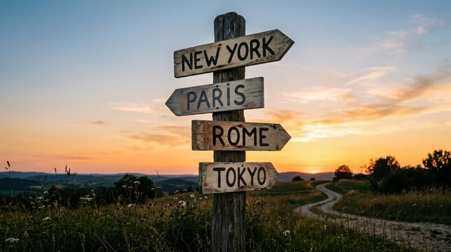 Directional signpost with arrows pointing to new york, paris, rome, and tokyo