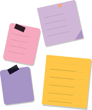 Colorful sticky notes with written lines and tape attached for reminders and office organization