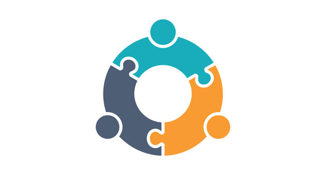 Three colorful puzzle pieces connected as a circular team icon on a clean white background