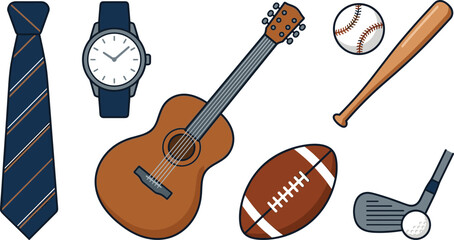 Father's Day Gift Vector Icon Set Featuring Classic Gentleman Accessories Lifestyle Hobbies Sports Equipment and Acoustic Guitar Isolated on White Background