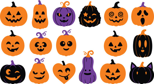 Variety of cartoon jack o' lanterns for halloween decorations and festive designs