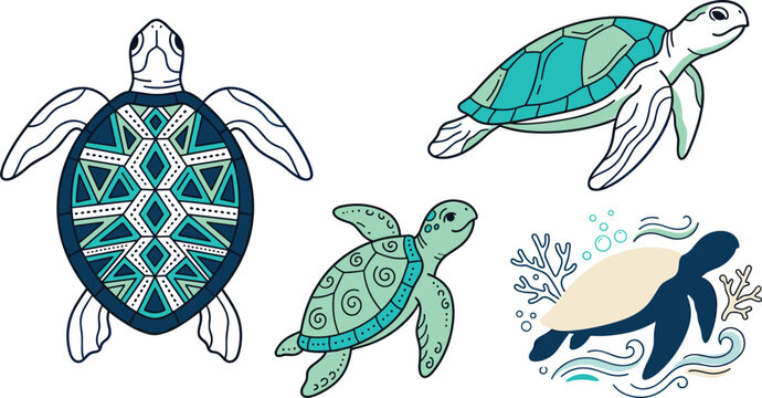 Sea turtle vector illustration set featuring tribal geometric pattern turtle swimming green marine life and ocean waves coral elements for coastal design