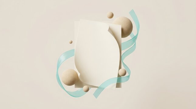 Minimal blank cream card with blue ribbon and spheres for summer sale design