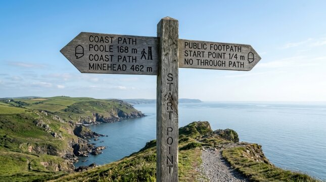 Wooden signpost on a coastal cliff path indicating directions to poole and minehead