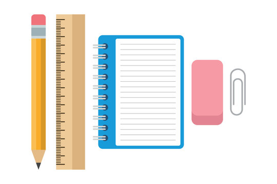 School supplies set with pencil, ruler, notepad, and eraser, vector illustration isolated on transparent background.