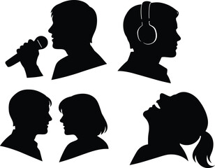Set of human head profile silhouettes featuring singing, listening to music, conversation, and laughing expressions