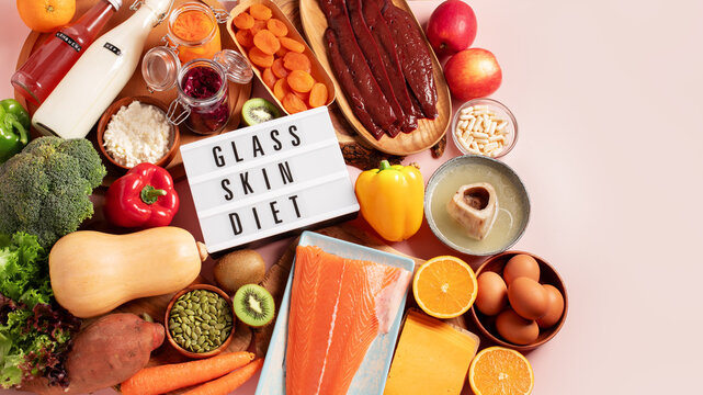 Border with omega 3 rich food, fermented probiotic foods, collagen rich products and vitamin A food