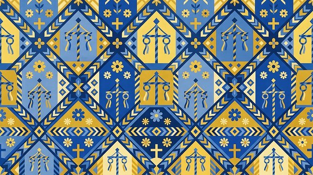Blue and yellow scandinavian midsummer folk pattern with maypoles
