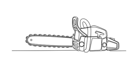 Black and white line drawing of a powerful handheld chainsaw tool © Graphics Art