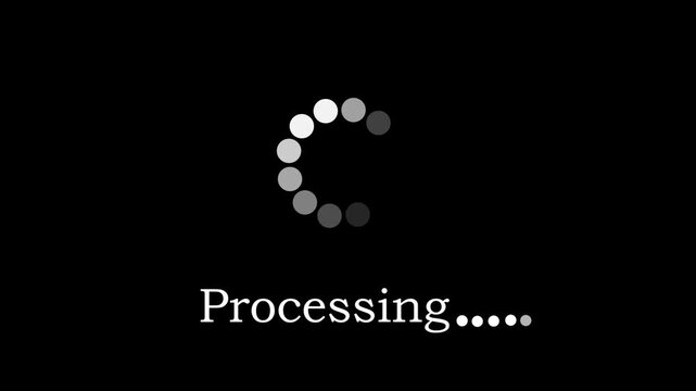 Minimalist circular loading spinner animation with dynamic processing text indicator on a solid black background, for digital interface, software development, web, ux, and modern, tech user experience