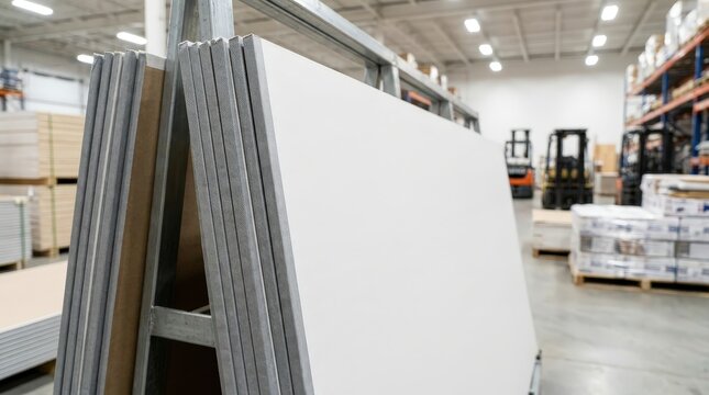 Large drywall sheet stored in a building supply warehouse, home renovation materials, construction industry, interior finishing.