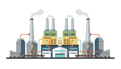 Obraz premium Large industrial manufacturing factory featuring multiple smoking chimneys and automated conveyor production belts.