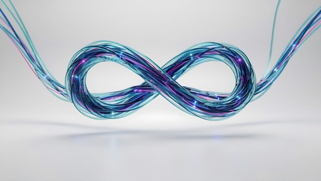 Optical fibers tied into horizontal infinity knot on white &ndash; Perfect for infinite speed, broadband internet, or optics.