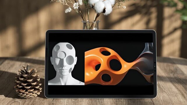 Medium shot of a tablet kiosk screen presenting an intuitive digital portfolio interface with automated model recommendations emphasizing the algorithmic questionnaire flow.