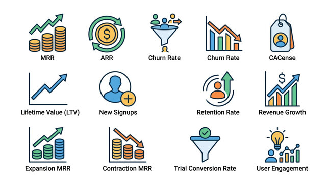 Corporate Metrics Visual Guide Colorful Icons Explaining Key Business Performance Indicators Like MRR ARR Churn Rate and More