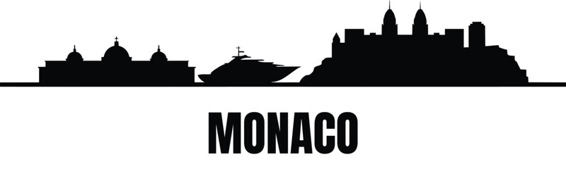 Fototapeta premium Monaco skyline silhouette with coastal architecture and luxury motor yacht, detailed black cityscape view for travel branding concepts