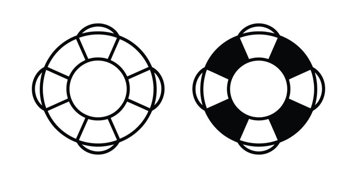 Life buoy icon set, rescue ring symbols, black filled and stroke styles, emergency flotation devices, water safety signs, editable vector illustration.