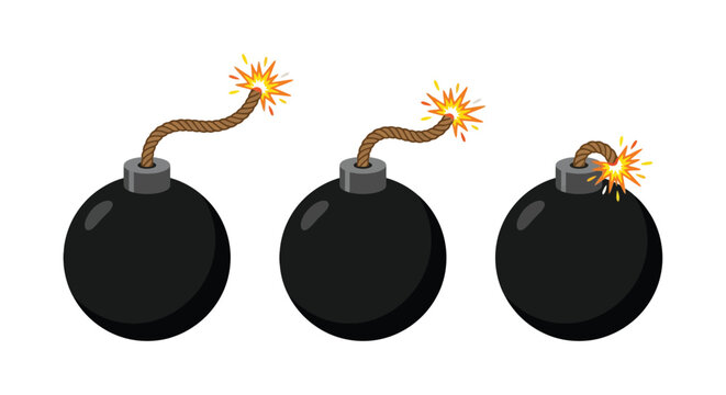 Three cartoon bombs with lit fuses on a white background