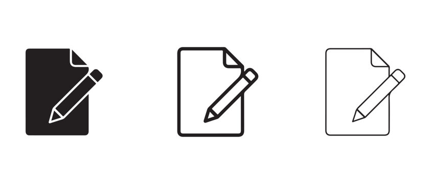  document editing icons showing pencil tool for writing or annotating files in three different styles