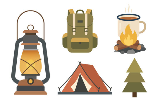 Camping essentials set with lantern, backpack, campfire mug, tent, and pine tree, vector illustration isolated on transparent background.