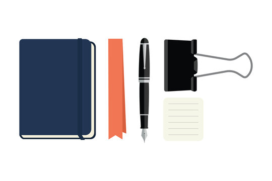 Stationery and office supplies set featuring dark blue notebook fountain pen bookmark and binder clip on transparent background.