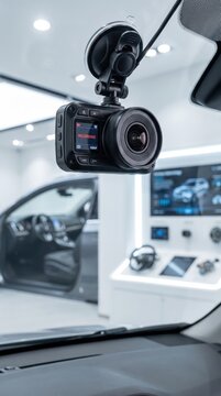 Compact dash camera displayed in an automotive electronics store, driving security, vehicle recording, smart technology, retail shopping.