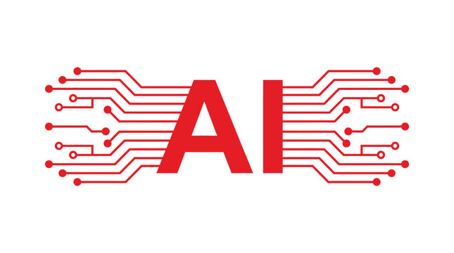 Red artificial intelligence text logo design featuring complex digital circuit board lines on white background